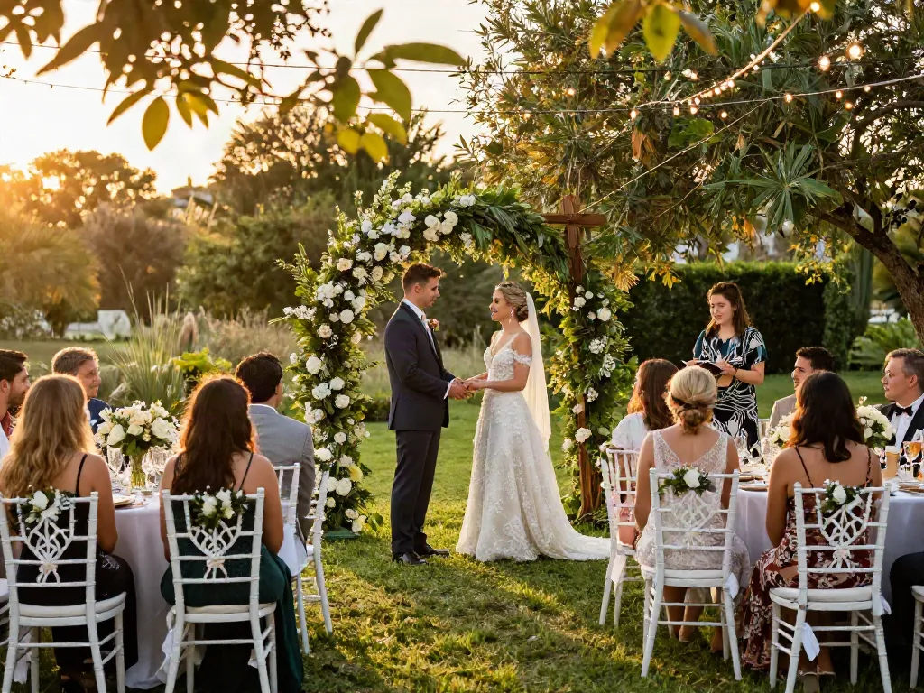 Outdoor wedding scene showcasing elegant event rentals for a magical celebration.