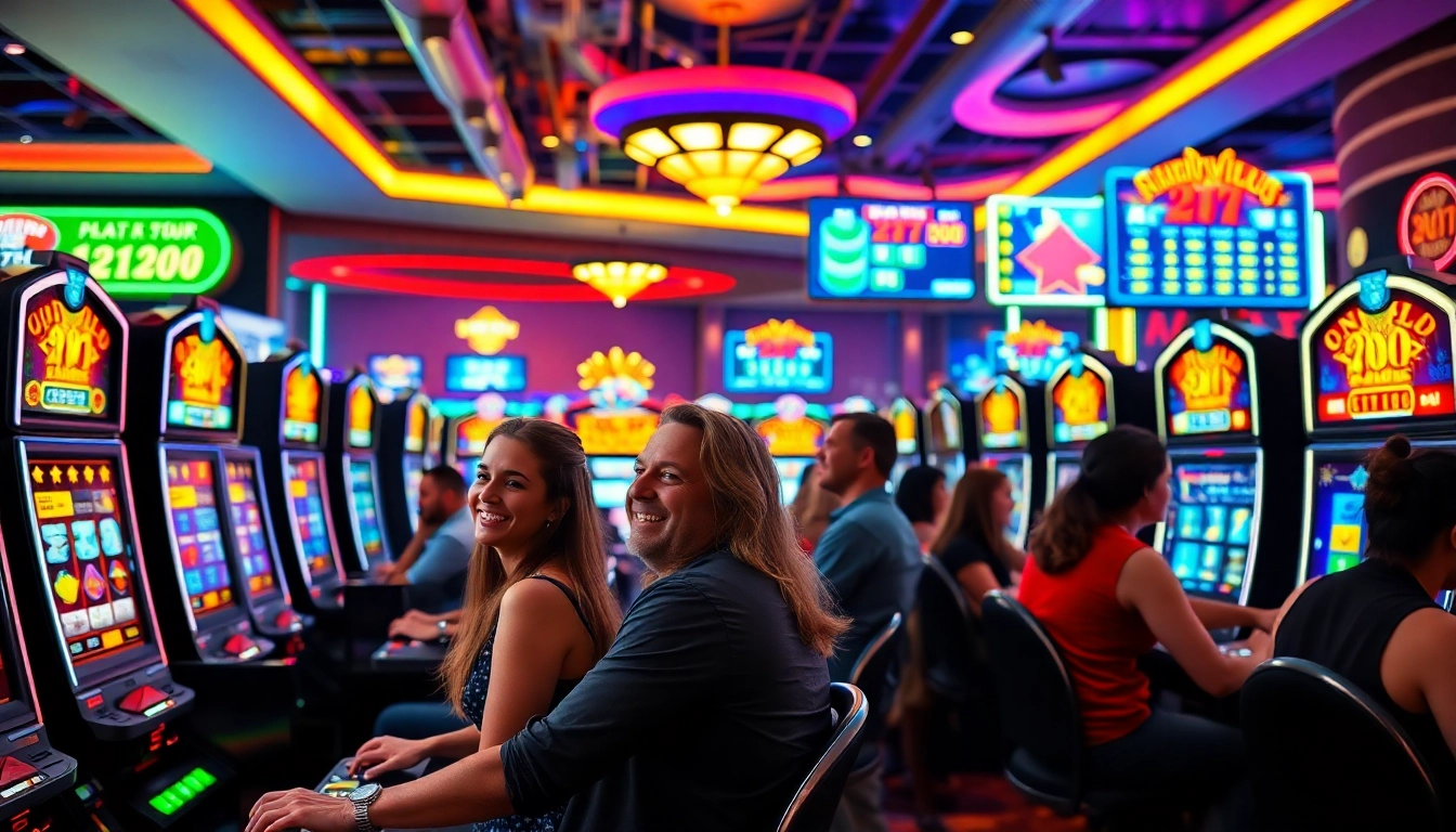 Engaged players enjoying slot gambling in a busy casino environment, full of excitement.
