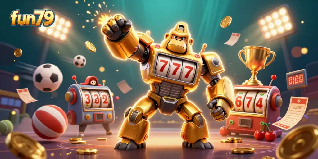 Experience fun79's exciting online casino with a dynamic, action-packed gaming scene featuring thrilling slot elements.