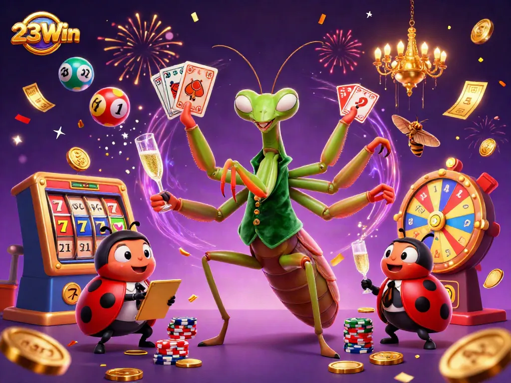 Experience 23Win's dynamic casino excitement with vibrant games and celebratory elements.