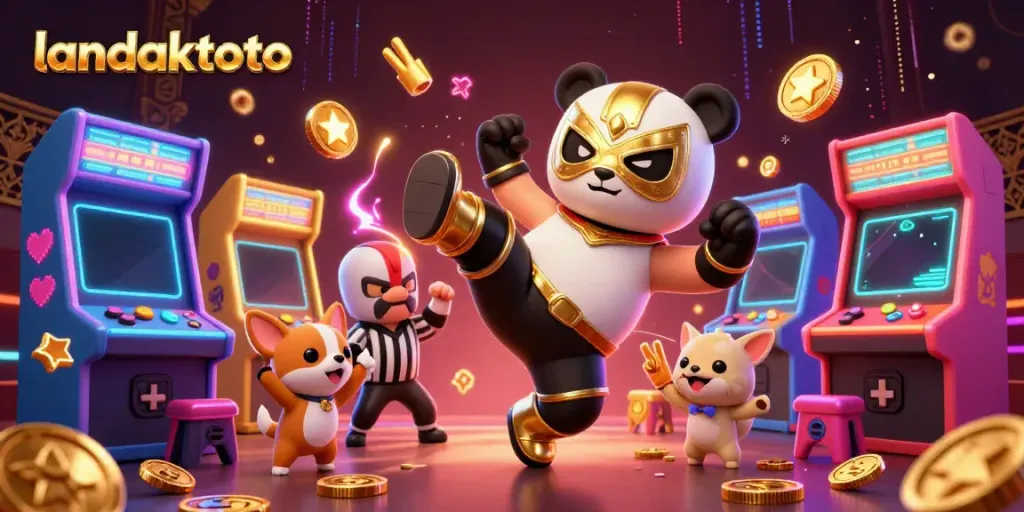 Gambarkan landaktoto dengan panda pegulat melakukan tendangan, dikelilingi mesin permainan dan penyemangat kecil.
