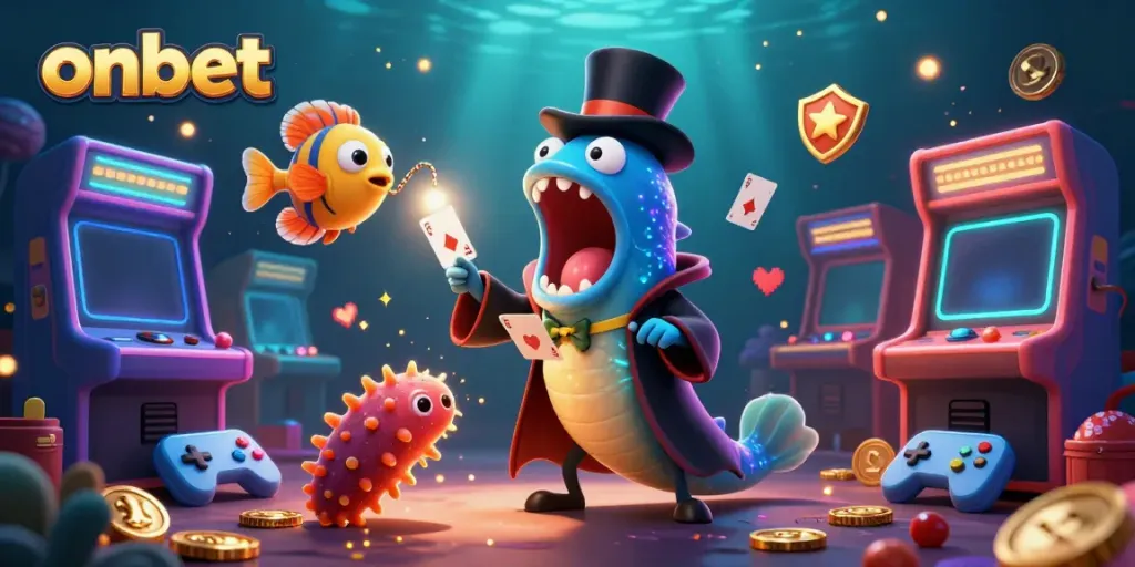 Experience thrilling games with onbet's energetic 3D casino illustration featuring entertaining characters.