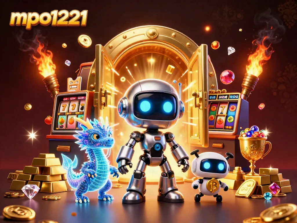 Spin the reels and unlock treasure with mpo1221 in this vibrant casino scene.