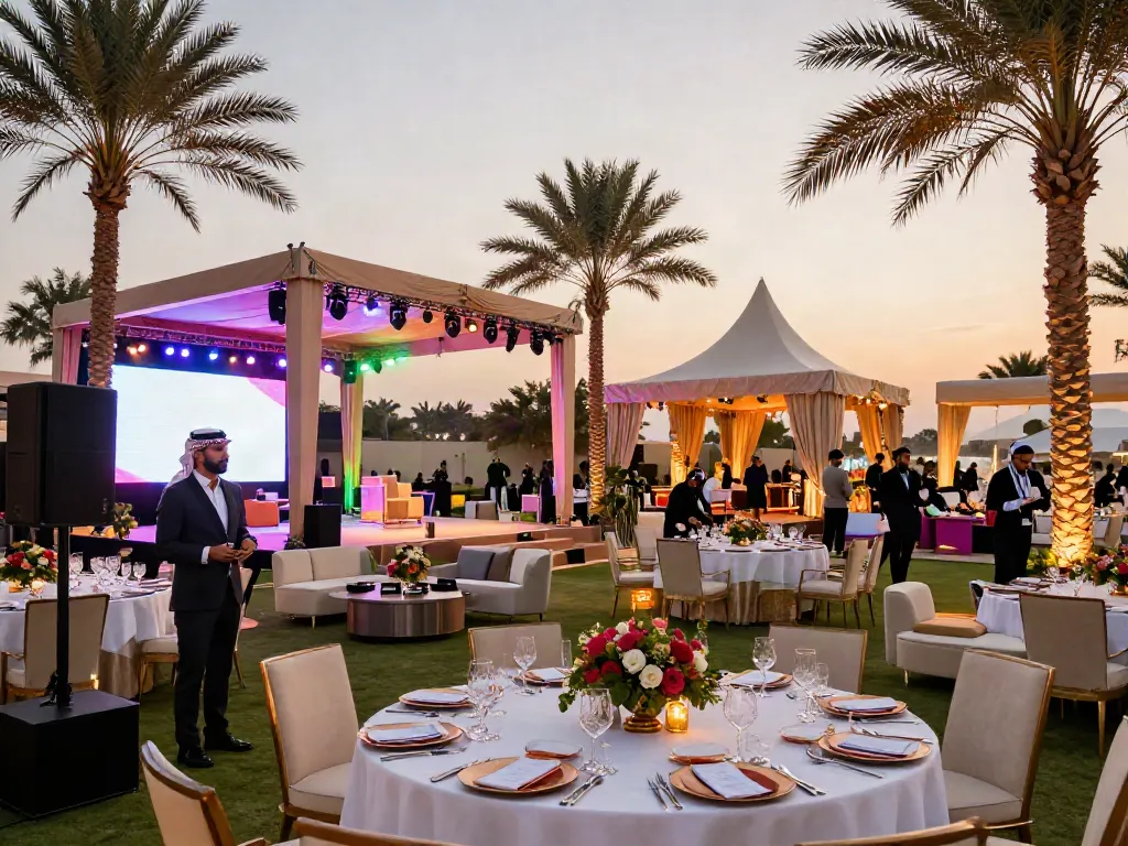Event rentals setup for a luxurious corporate gala with tents and elegant dining.