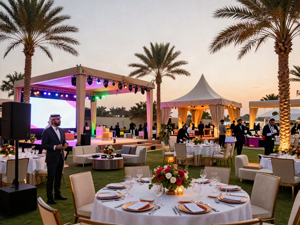 Event rentals setup for a luxurious corporate gala with tents and elegant dining.