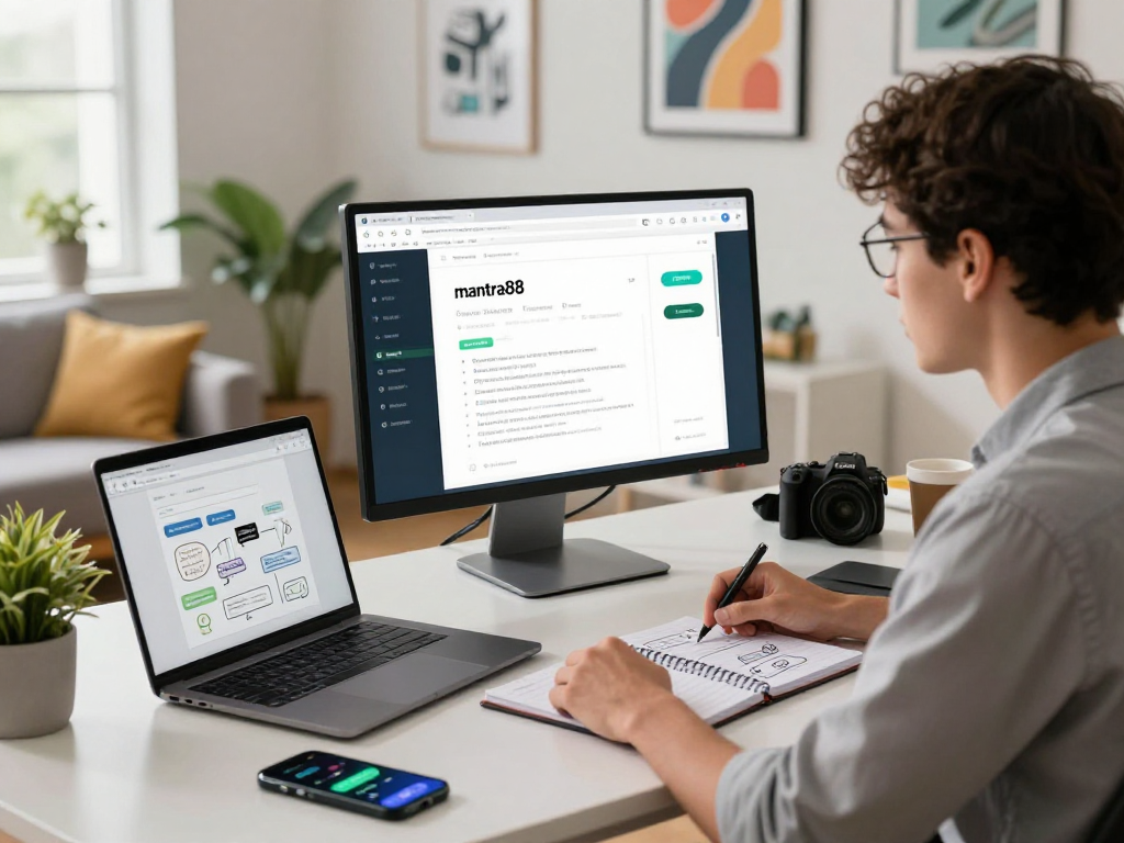 Logging into mantra88 platform in a vibrant tech workspace, showcasing modern digital tools and a creative atmosphere.