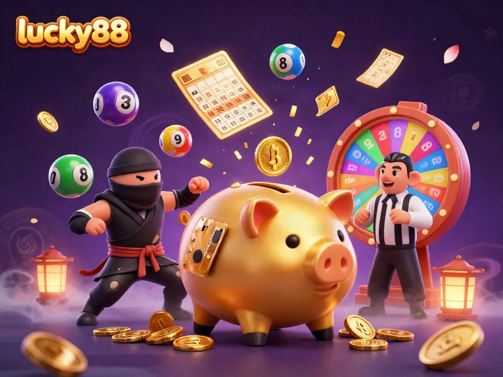 Experience the thrill of lucky88 as a golden piggy bank wrestler stomps and unleashes a shower of golden coins.