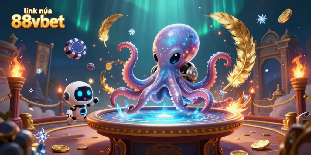 Engage with link vào 88vbet at a dynamic poker scene featuring an alien octopus and vibrant casino elements.