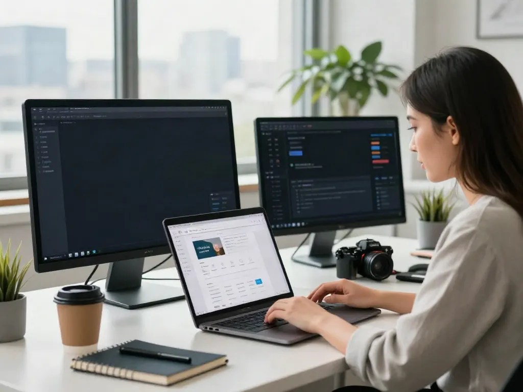 Navigate to this web-site with ease in a modern office setup featuring a woman engaging with intuitive web navigation tools.