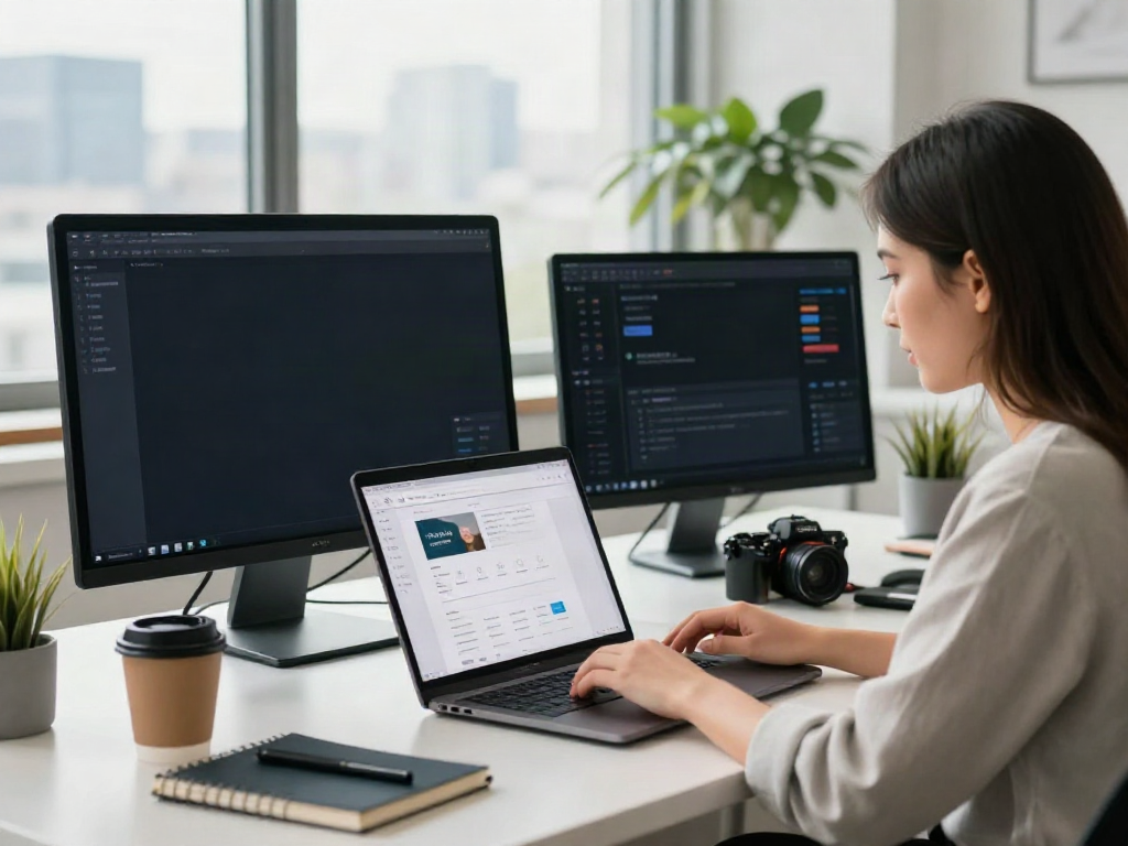 Navigate to this web-site with ease in a modern office setup featuring a woman engaging with intuitive web navigation tools.