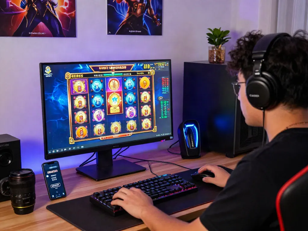 Permainan slot online di rumah menggunakan situs slot ZEUS222 dengan suasana gaming yang energik.