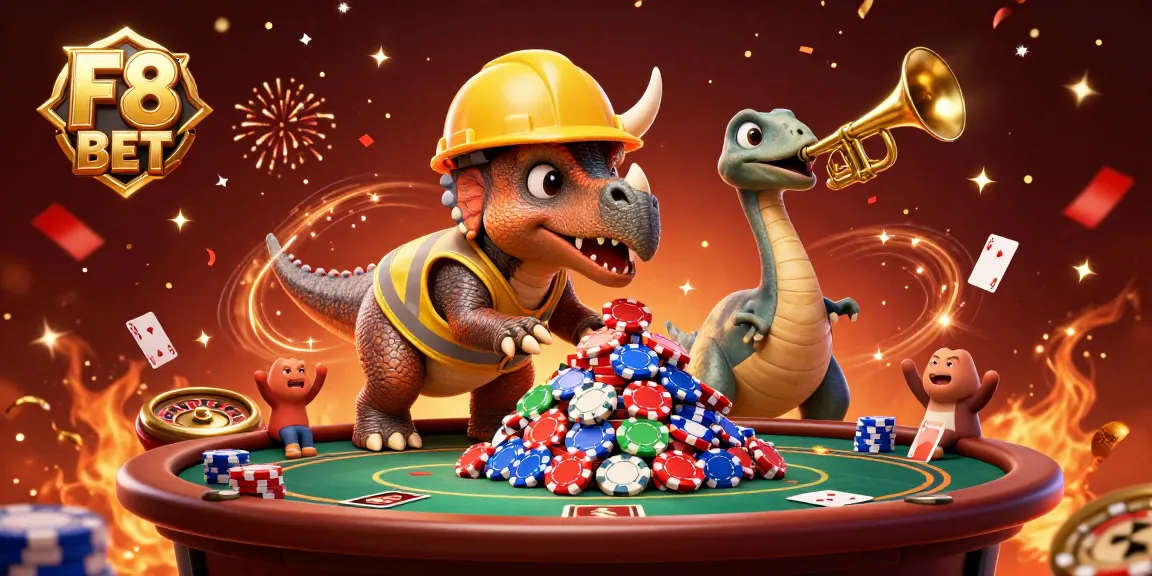 Engage with F8 BET as a triceratops builds poker chip pyramids in a colorful, festive casino scene.