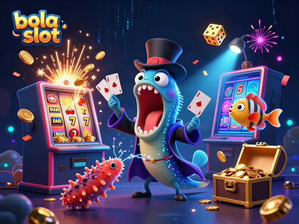 Experience thrilling bola slot excitement with entertainers and jackpot symbols in this vibrant scene.
