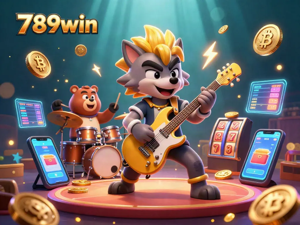 Engage with the thrilling atmosphere of 789win with vibrant visuals showcasing a rock star wolf in a casino setting.