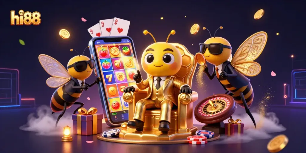 Win big at hi88 with a vibrant casino scene featuring a buzzing bumblebee mob boss, golden coins, and classic slot games.