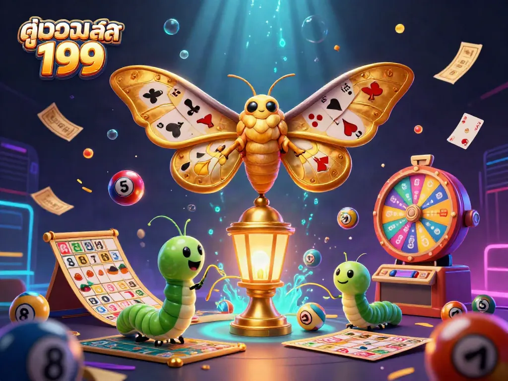 Experience ดูบอลสด 199 with a vibrant 3D scene of lottery elements and a majestic moth in a casino setting.