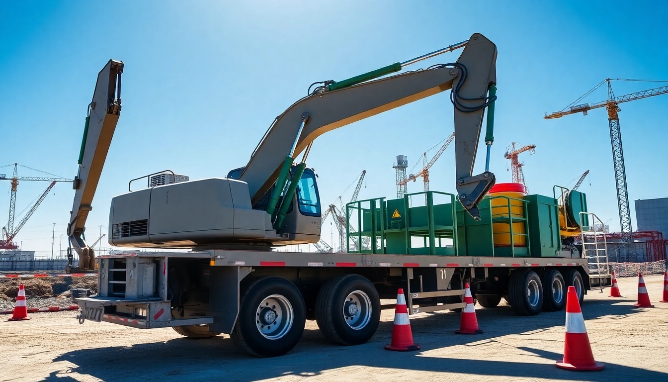 Showcasing flathead equipment rental with a hydraulic excavator and trailer in action.