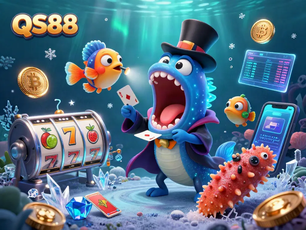 Engage with bustling QS88 casino vibes featuring dynamic characters and slot elements.