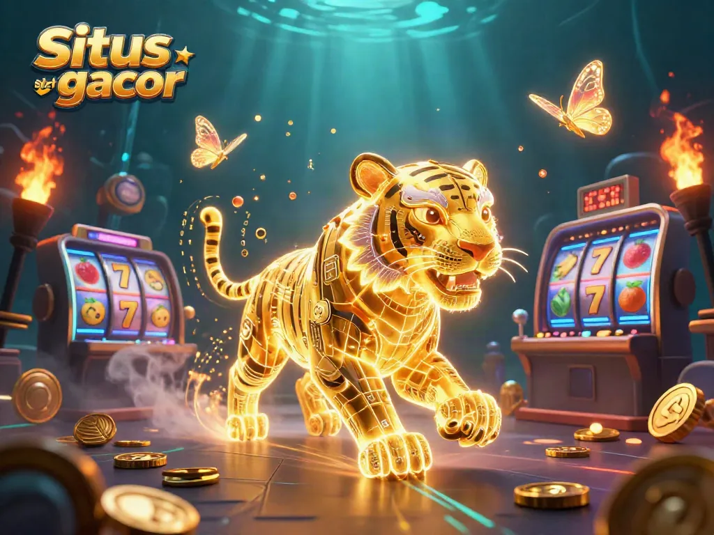 Experience the thrill of Situs slot gacor with the golden tiger amidst dynamic casino elements.