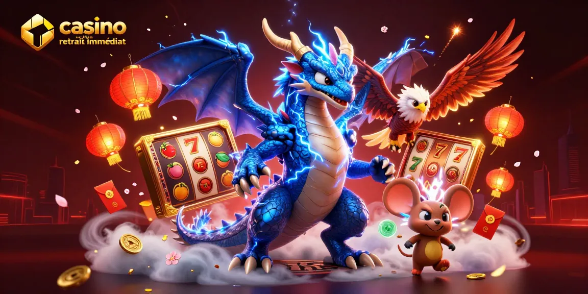 Jouez au casino en ligne retrait immédiat avec des dragons et des éléments de jeu scintillants.