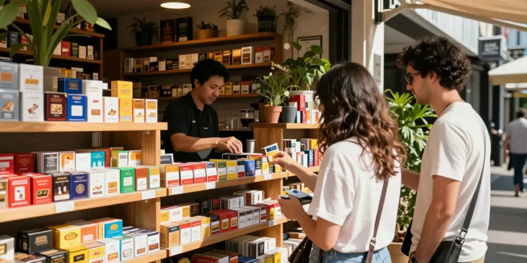 Couple exploring budget cigarette and top smokes Australia at a trendy shop.