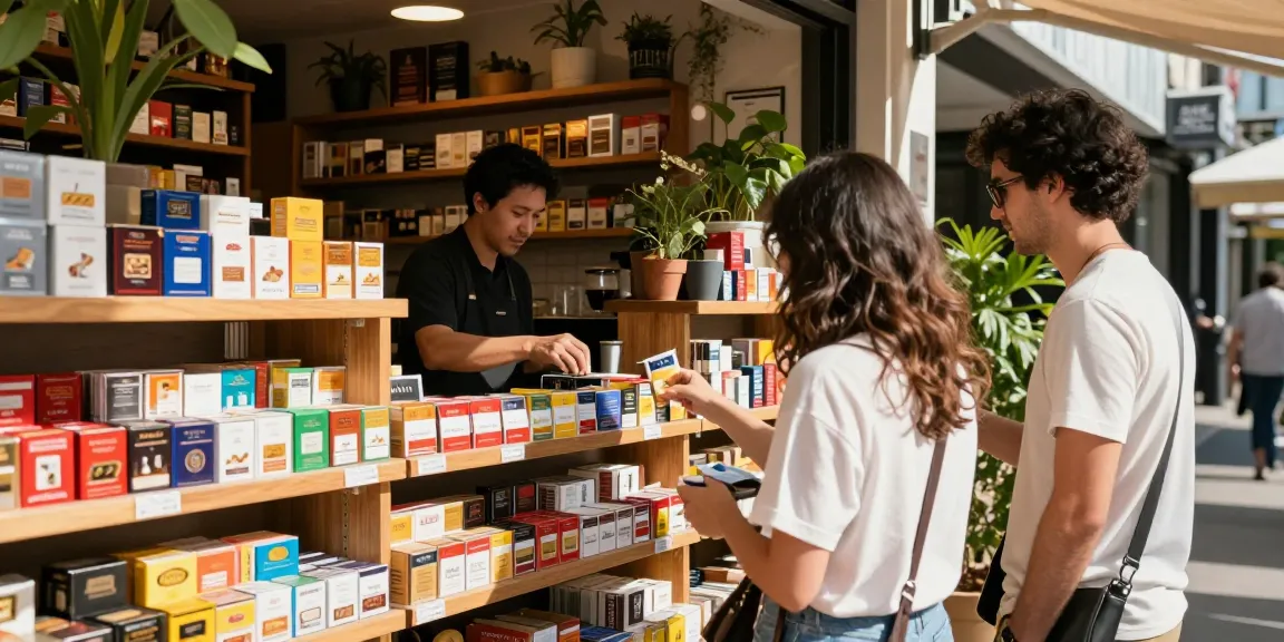 Couple exploring budget cigarette and top smokes Australia at a trendy shop.