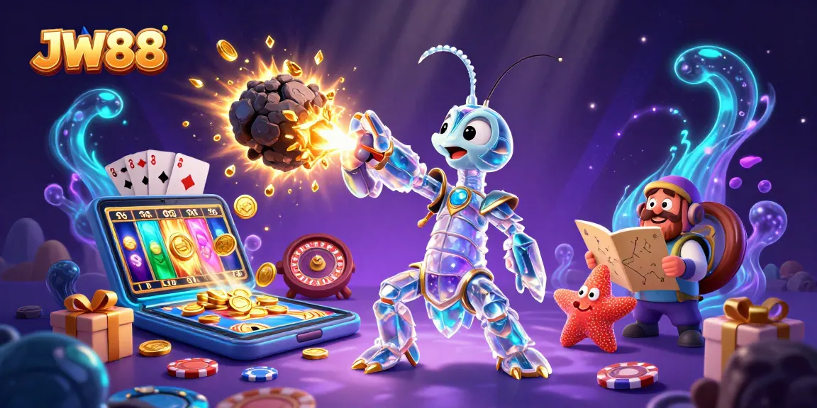 Engage with JW88's vibrant slot games and jackpot treasures within a cosmic casino scene.