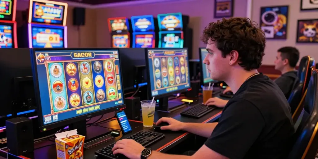 Engaged player experiencing slot gacor excitement in a vibrant online casino setting.
