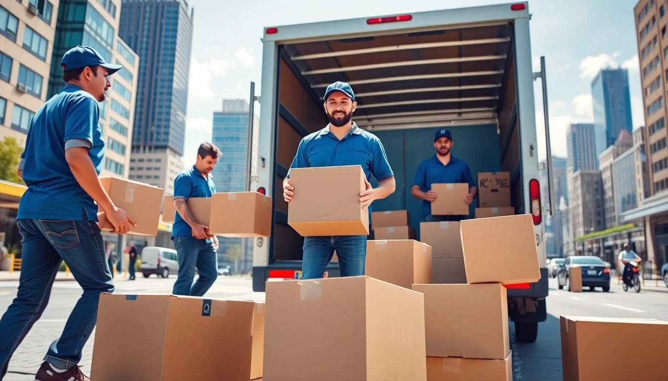 Efficient team demonstrating Residential Moving Services as they load boxes into a truck.