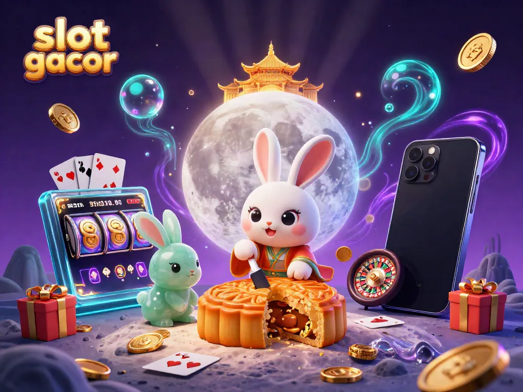 Ilustrasi slot gacor dengan kelinci bulan dan elemen kasino, penuh detail menarik.