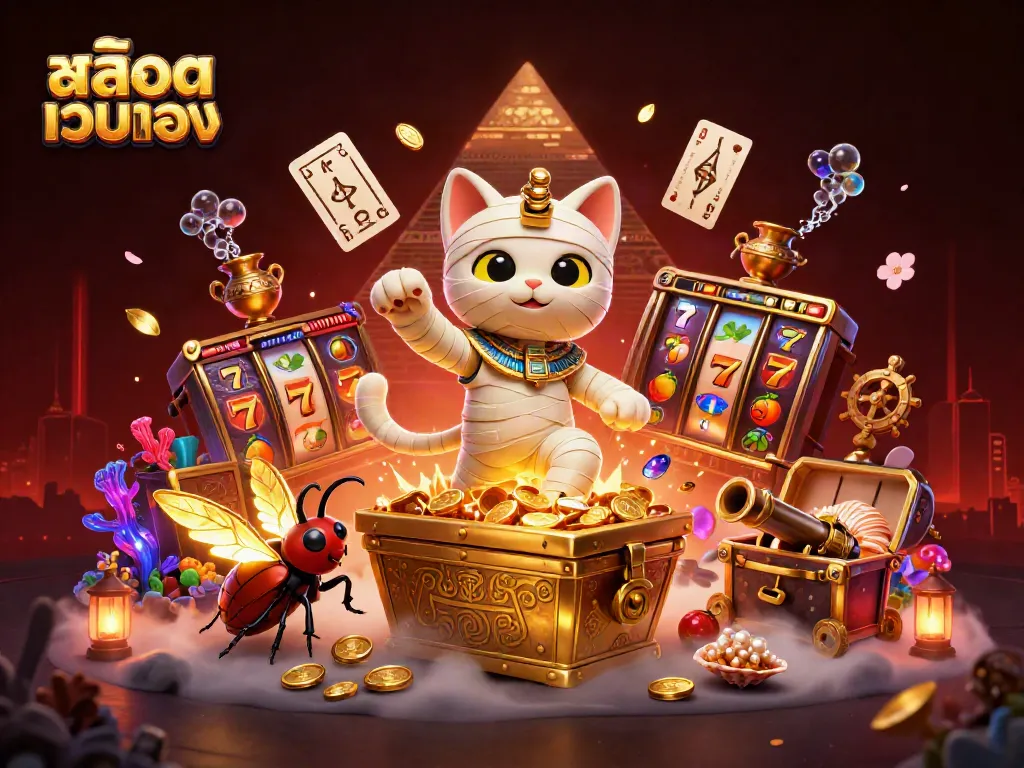 Experience the thrill of สล็อตเว็บตรง with a lively Egyptian-themed casino scene showcasing a mummy cat and golden scarab.