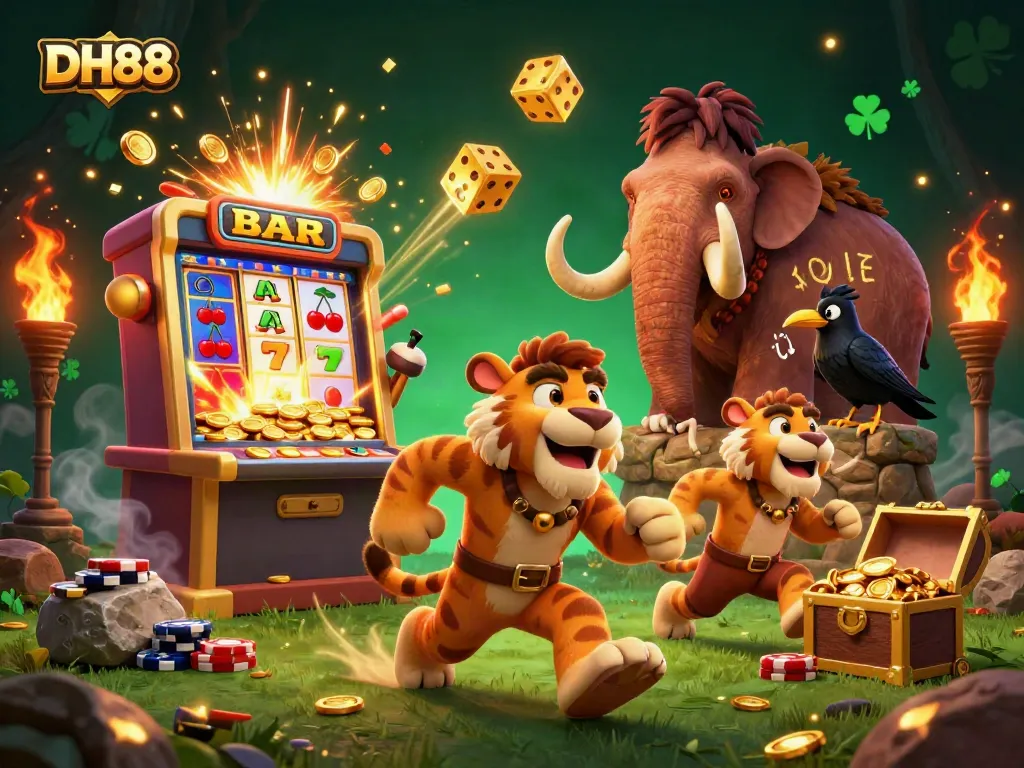 Experience thrilling casino action with DH88 at a prehistoric casino with vibrant 3D characters.
