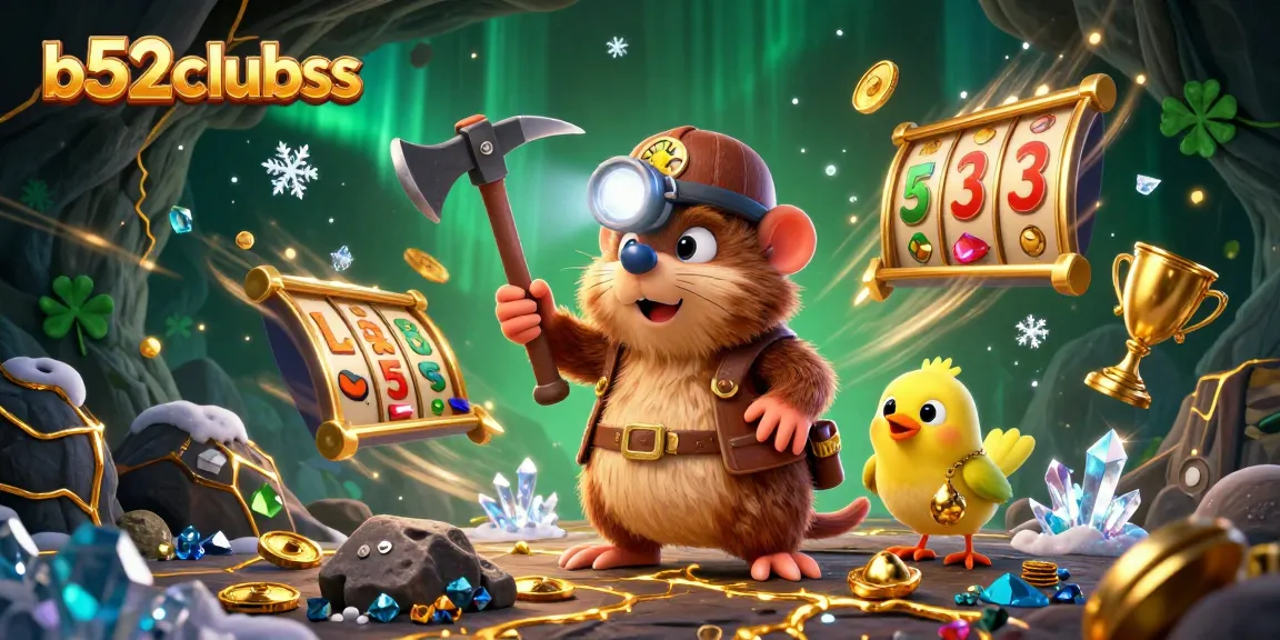 Win big at b52clubss with a vibrant mole treasure hunter mining gold in a slot casino cave.