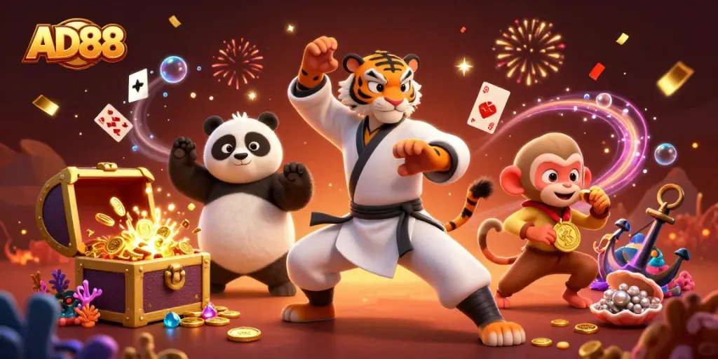 Experience the excitement of AD88 gaming with a vibrant and dynamic 3D casino illustration.