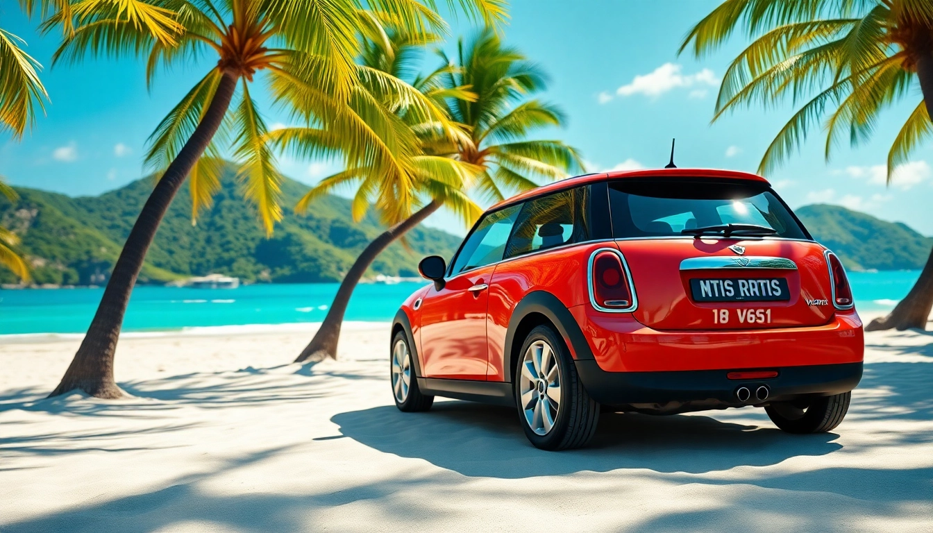 Experience the joy of a mini cooper st barts rental on a beautiful St. Barts beach with turquoise waters.