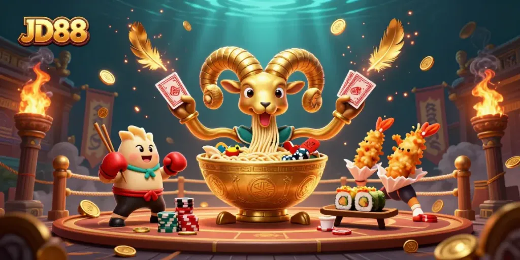 JD88 brings excitement to the casino scene with a giant ramen bowl character dealing cards and stacking chips.