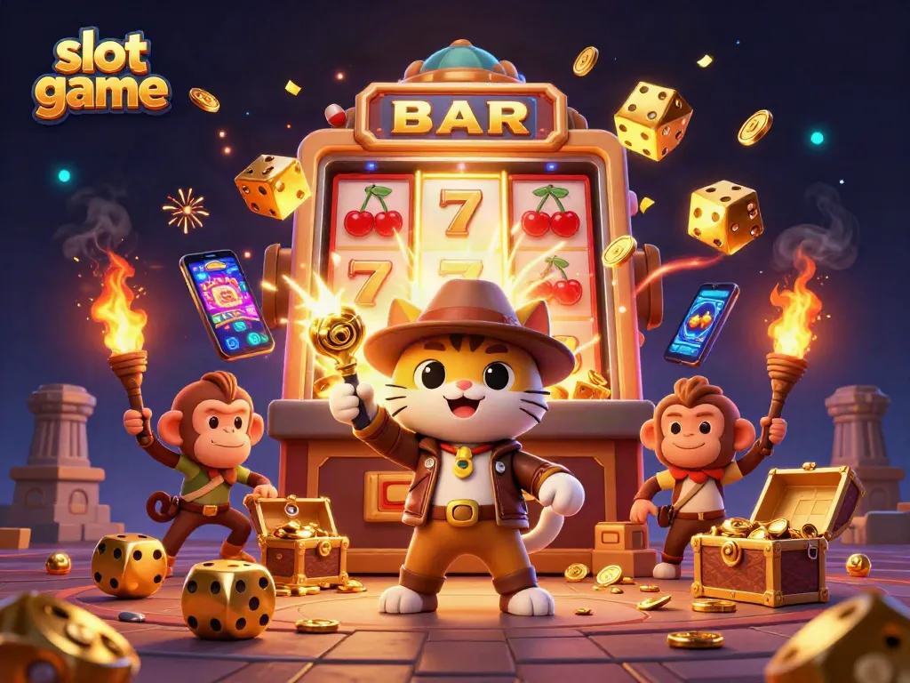 A vibrant slot game scene showing a cat explorer and monkey companion bursting with casino treasures.