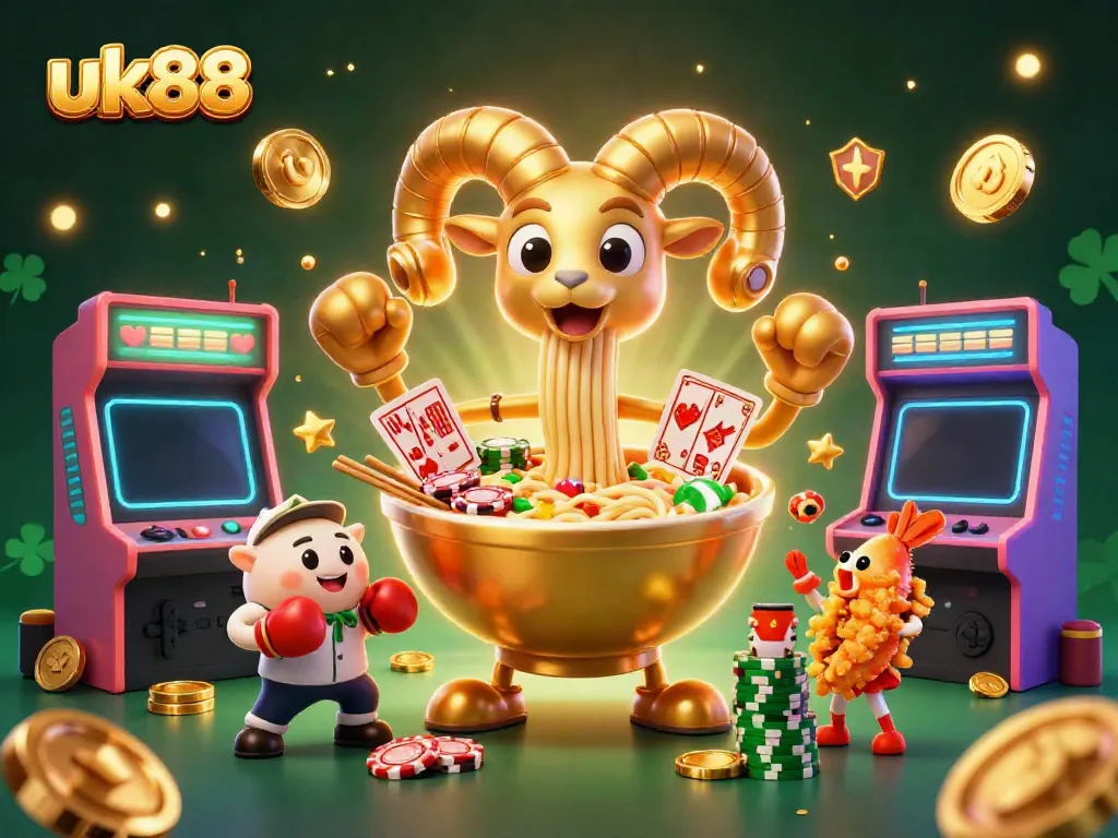 uk88 mega slots action featuring a giant ramen bowl dealer and sushi roll characters