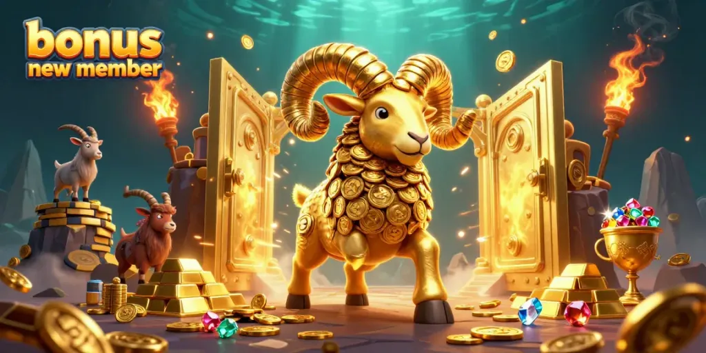 Claim your bonus new member offer with this vibrant 3D casino celebration featuring a golden ram.