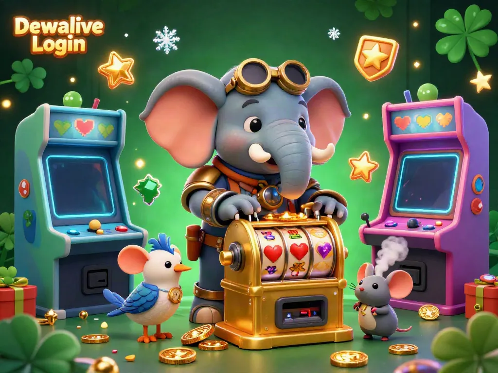 Dewalive Login with a steampunk elephant at a golden slot machine in a vibrant casino
