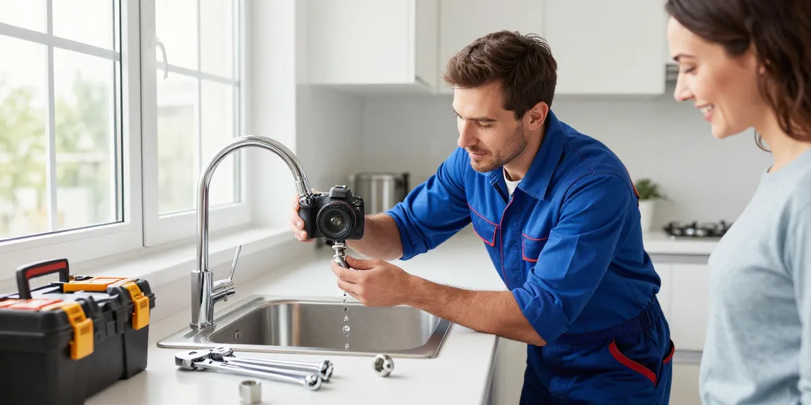 Trusted plumbing services Milton Keynes provided by a professional plumber fixing a kitchen sink with tools in a bright, modern kitchen.