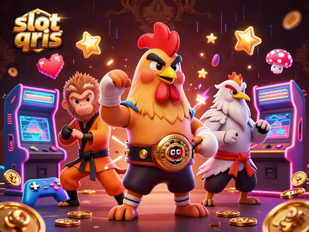 Play thrilling slot qris games with vibrant 3D characters in a dynamic casino scene.