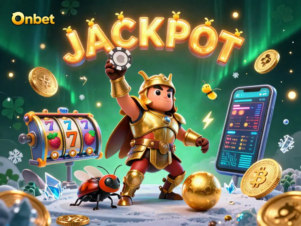Onbet displays a triumphant beetle lifting a poker chip amid vibrant slots-themed imagery.