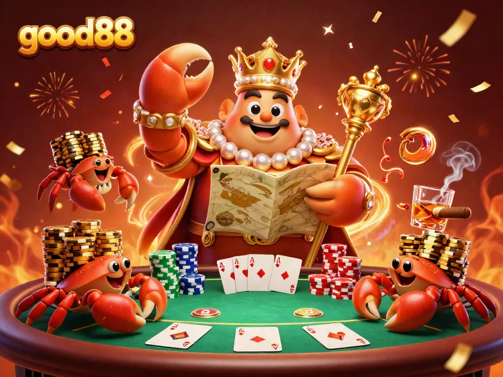 Experience excitement at good88 with a luxurious casino scene featuring a golden crab emperor amidst poker games and treasures.