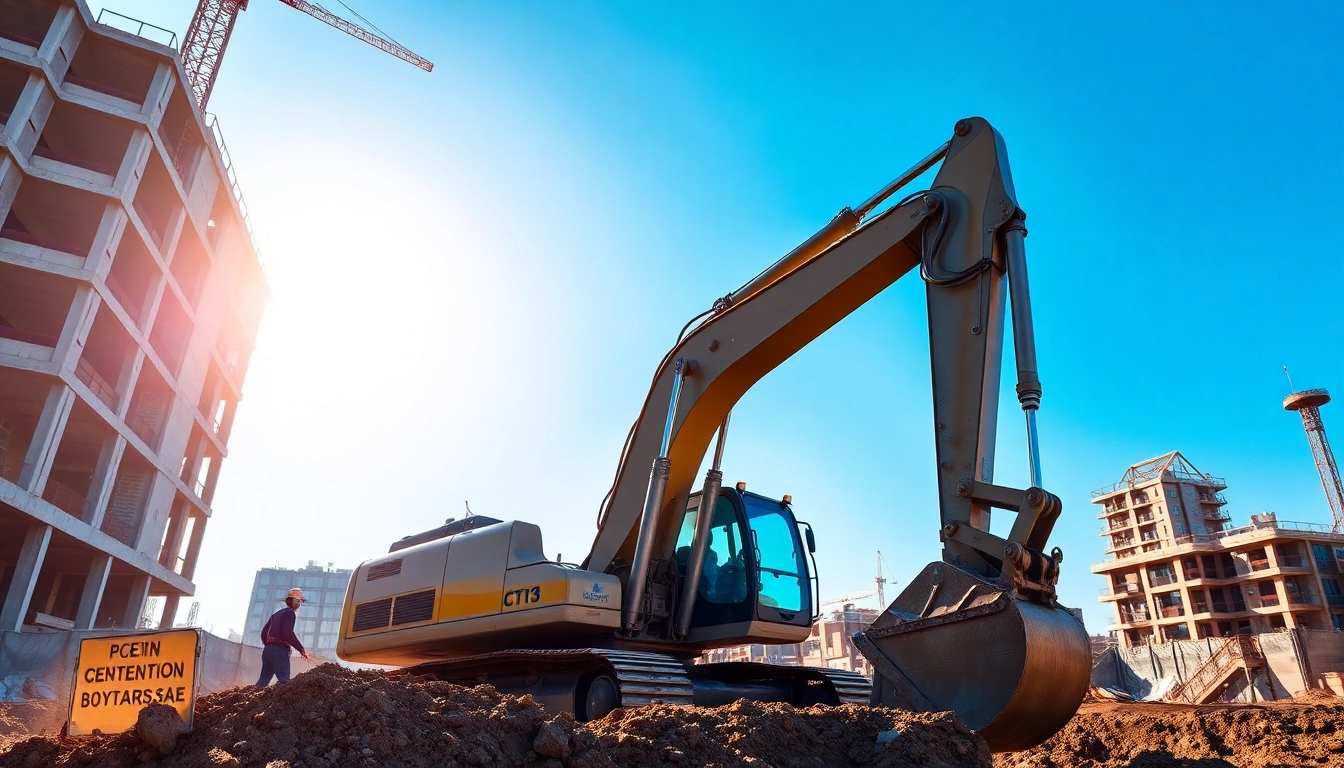 Excavator digging into the earth at an urban construction site.