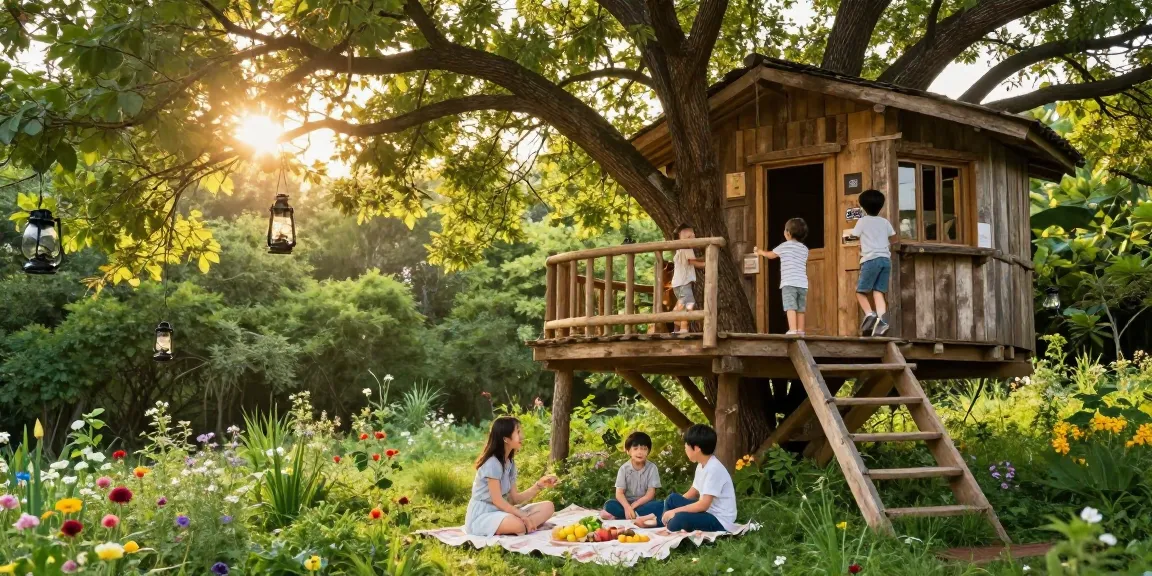 Family enjoying treehouses in a serene forest setting during golden hour.
