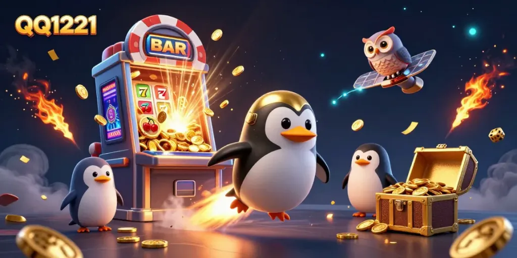 Experience the thrill of QQ1221 with a golden penguin soaring towards a jackpot explosion in a dynamic casino universe.