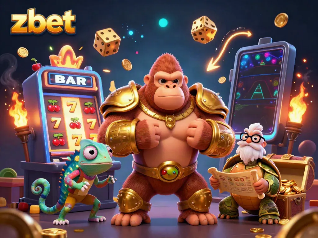 Engage with zbet's exciting online gambling experience in a vibrant, illustrated casino scene.