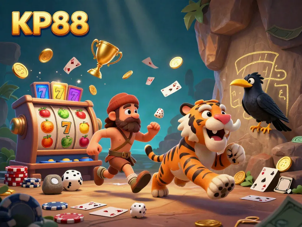 Experience the thrilling KP88 gaming atmosphere with prehistoric characters in a vibrant casino scene.
