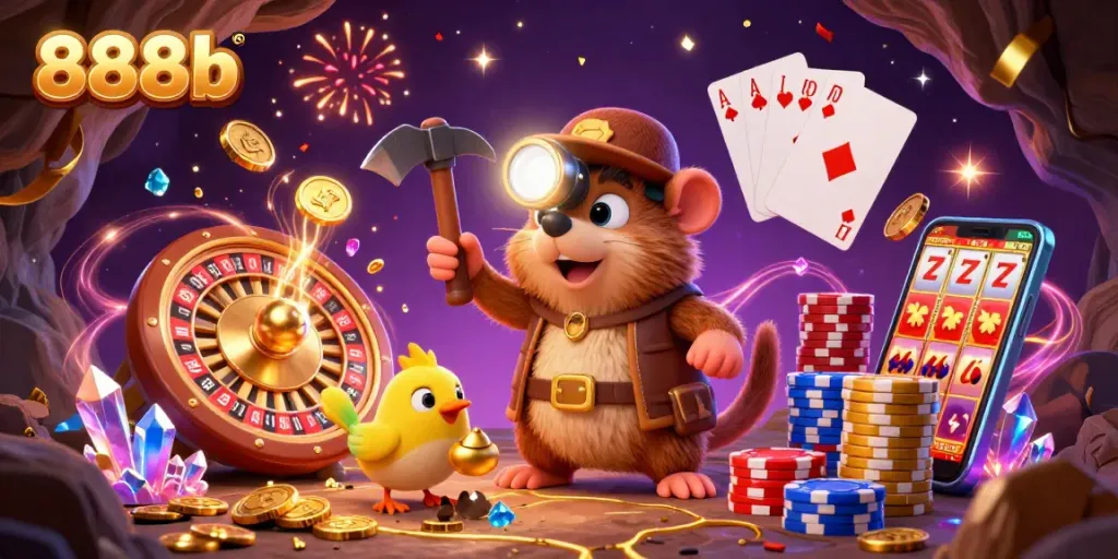Experience thrilling chances to win with 888b's vibrant casino scene featuring mining treasures and dynamic casino elements.